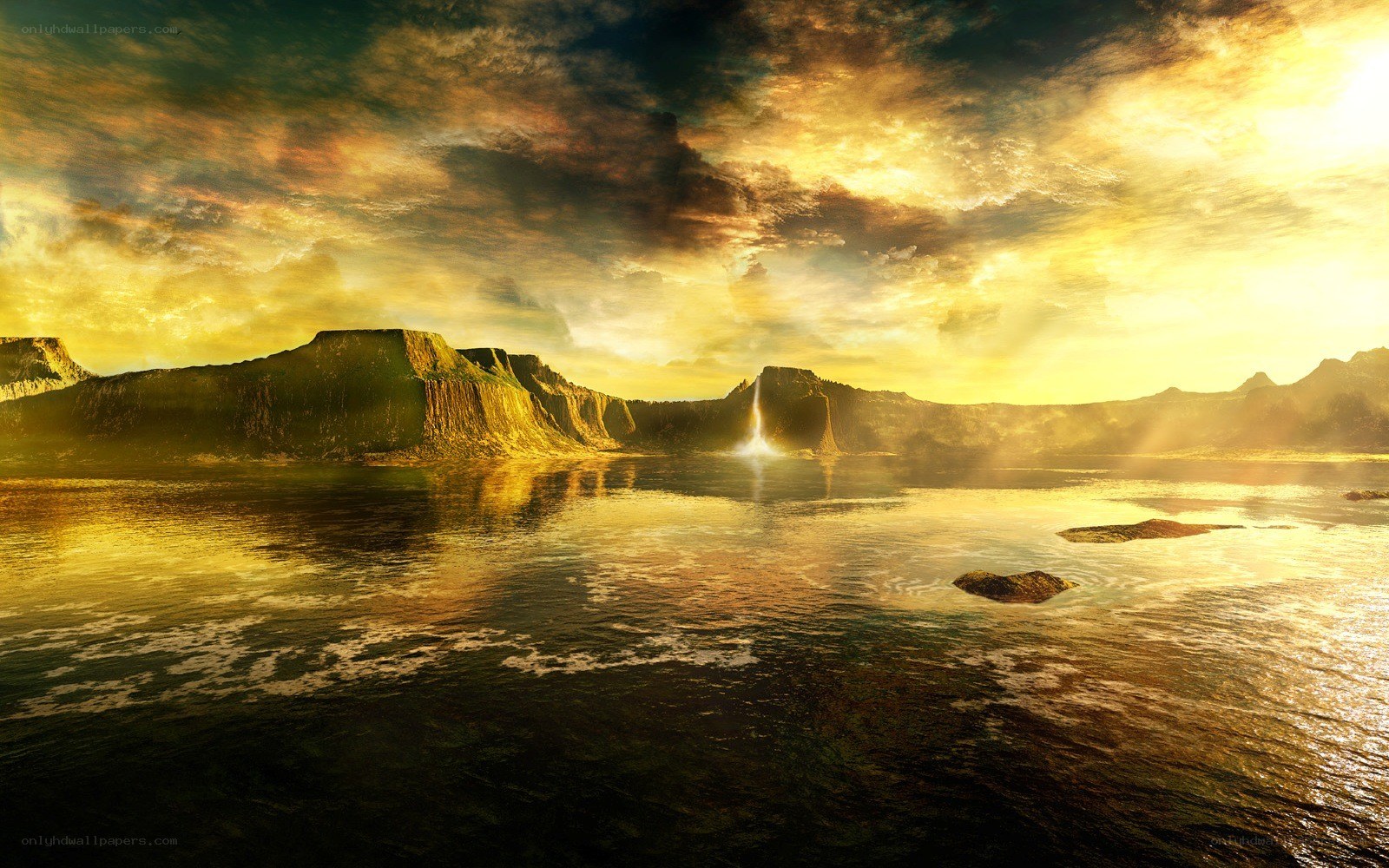 Golden sunset over alien landscape