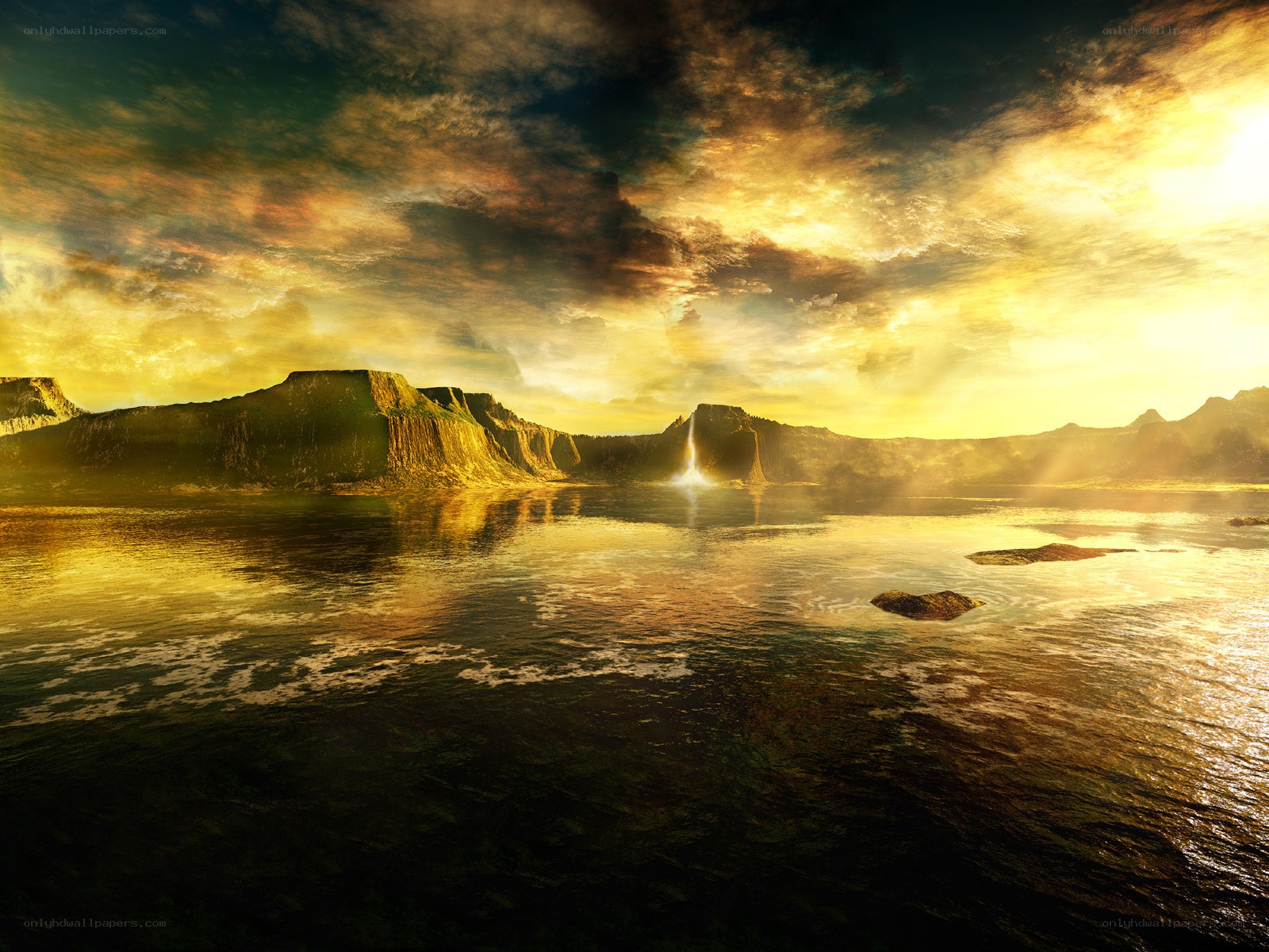 Golden sunset over alien landscape