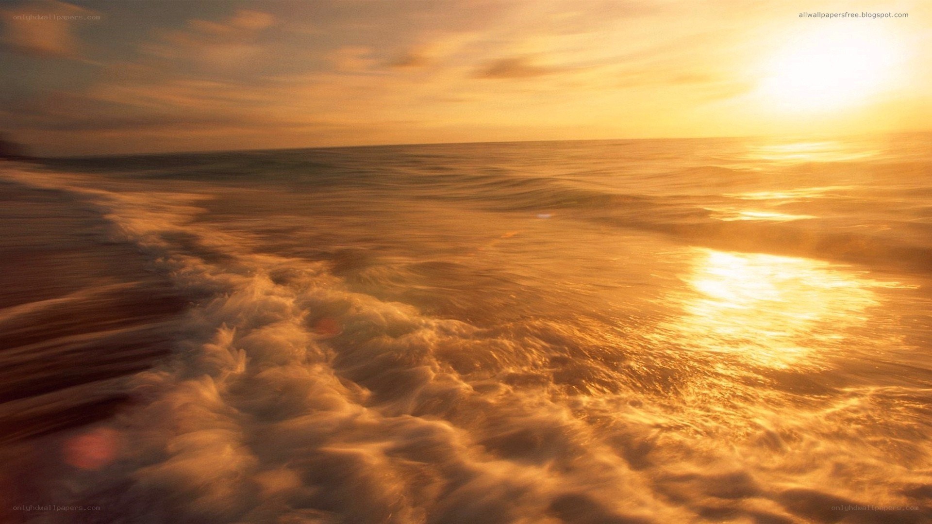 Golden sunset over ocean waves