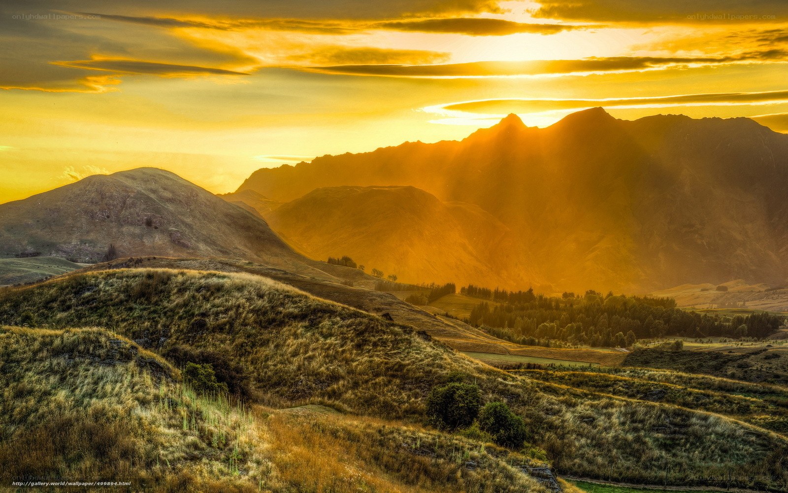 Golden sunset over rolling hills
