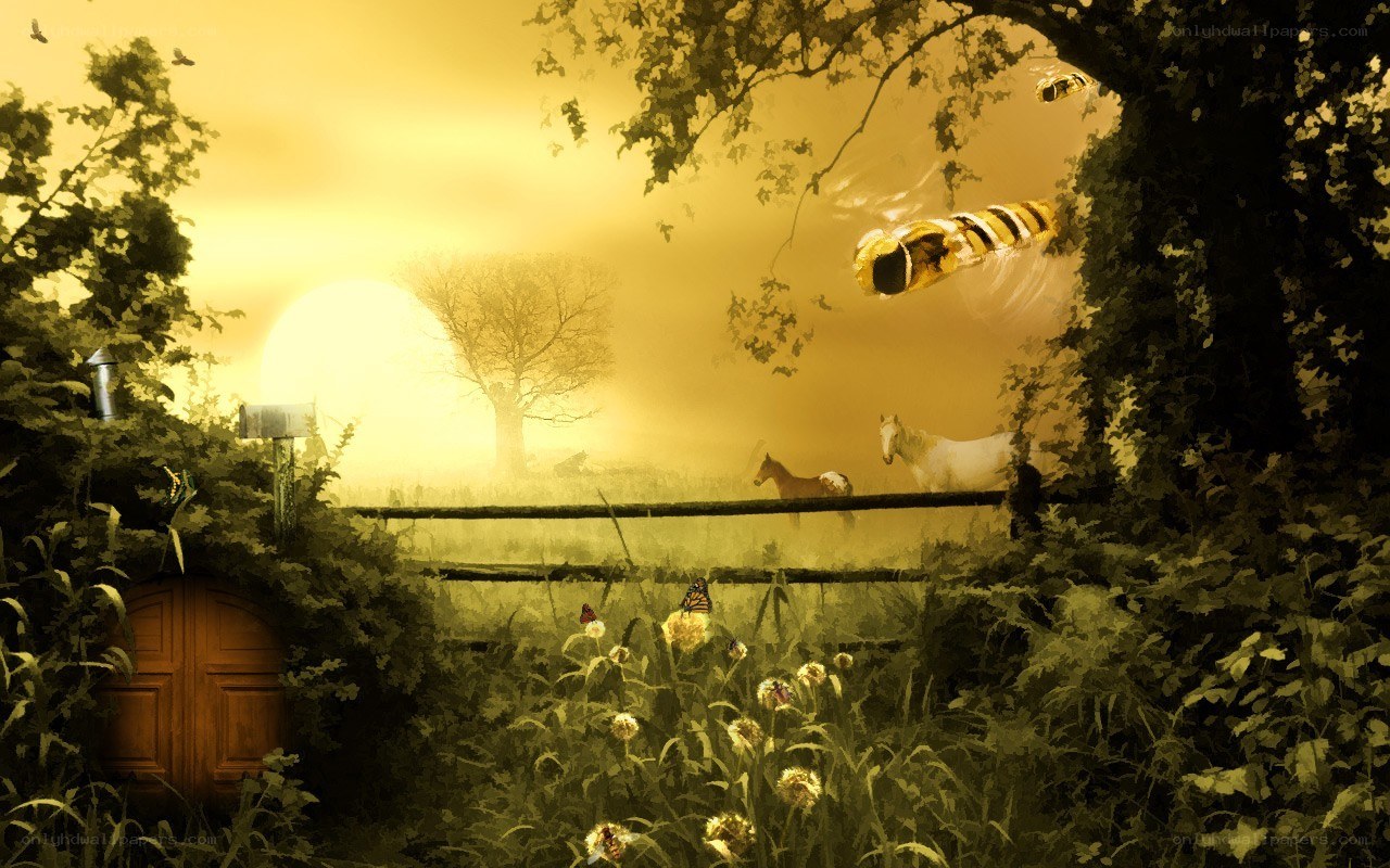 Golden sunset with horses
