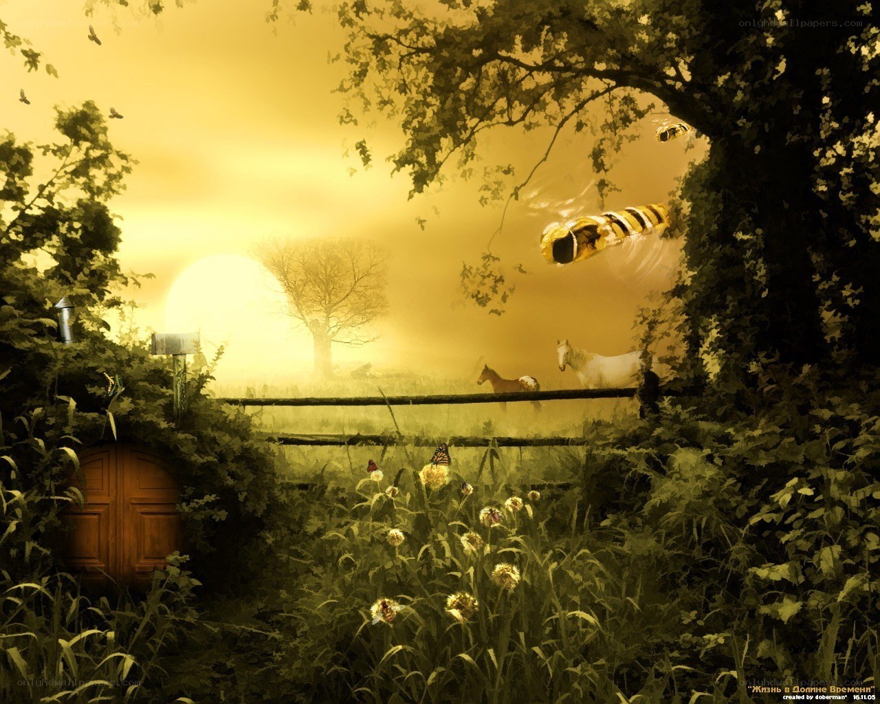 Golden sunset with horses