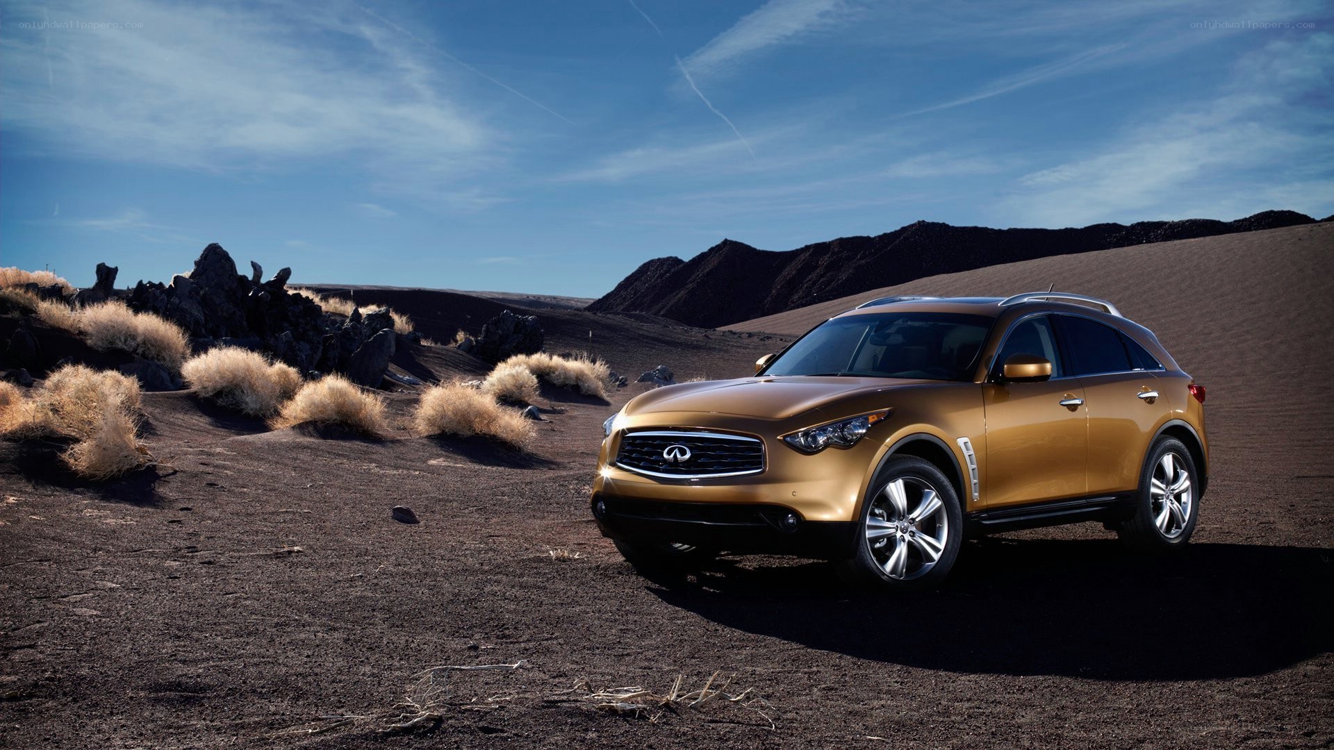 Golden SUV in desert landscape