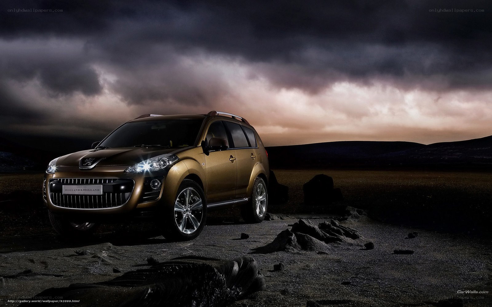 Golden SUV in stormy landscape