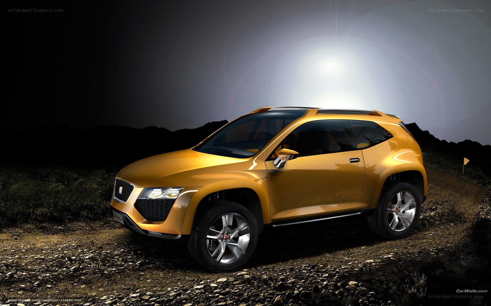 Golden SUV on a dirt road