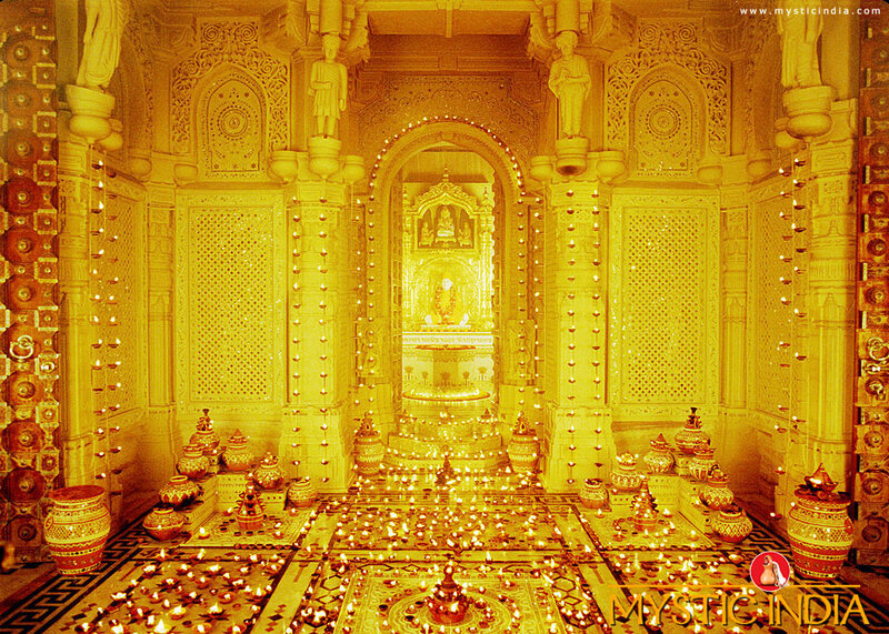 Golden temple interior with lamps
