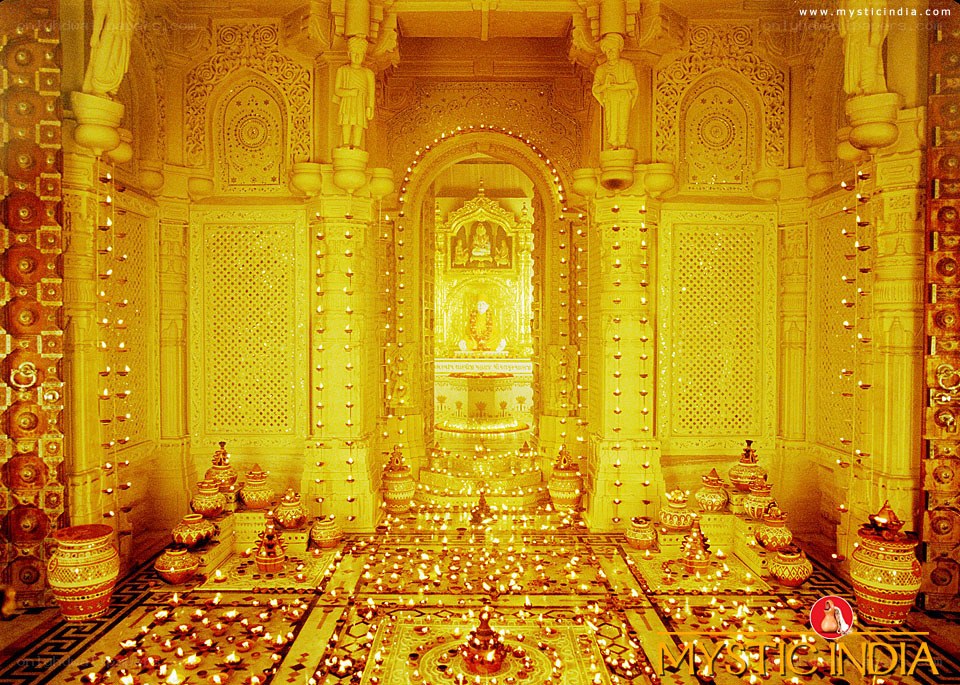 Golden temple interior with lamps