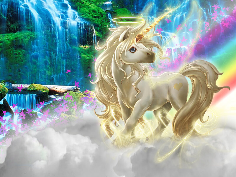 Golden Unicorn in Clouds — White