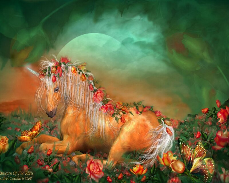 Golden Unicorn in Flowers — Green, Serene