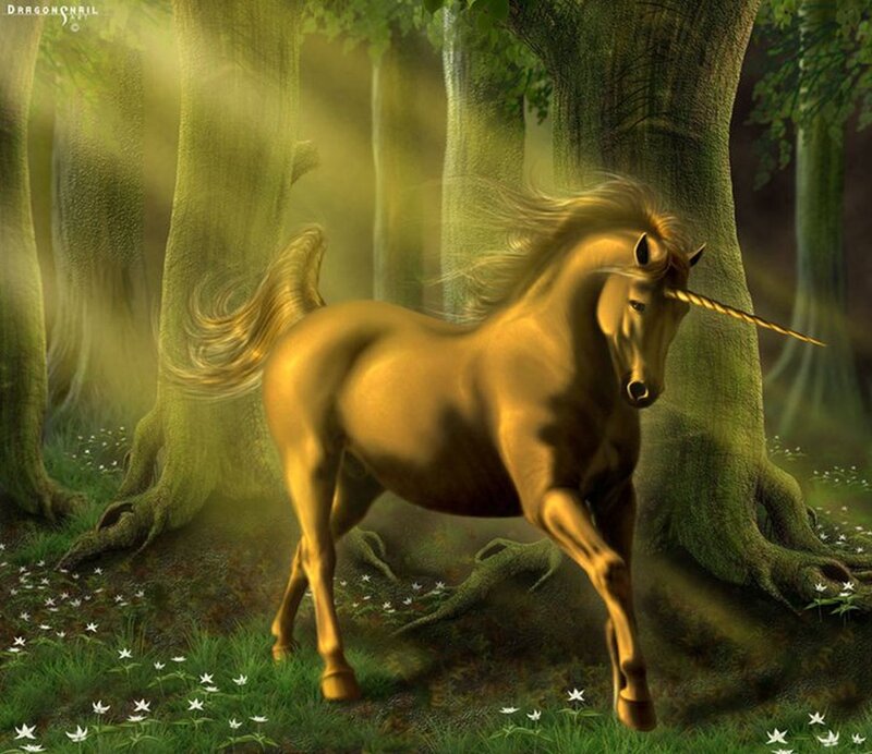 Golden Unicorn in Forest — Green