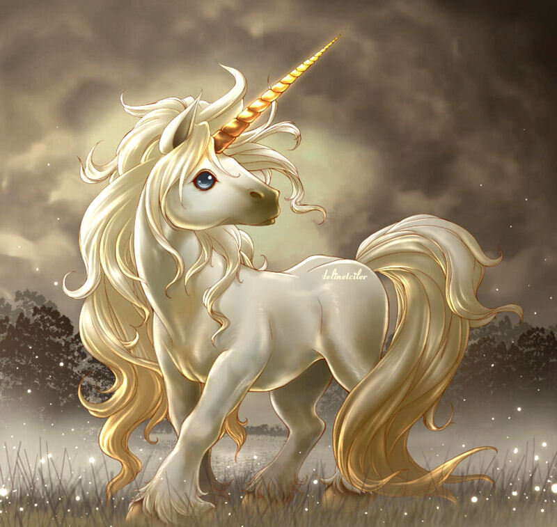 golden unicorn in misty field