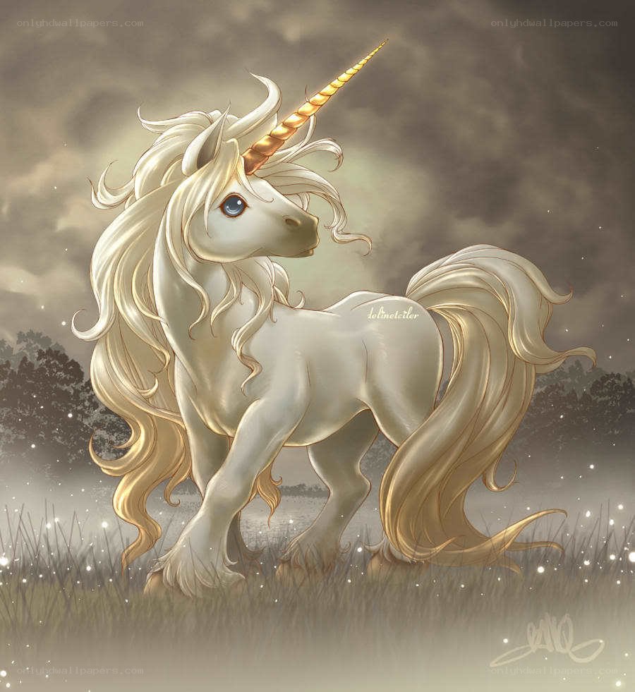 Golden unicorn in misty field