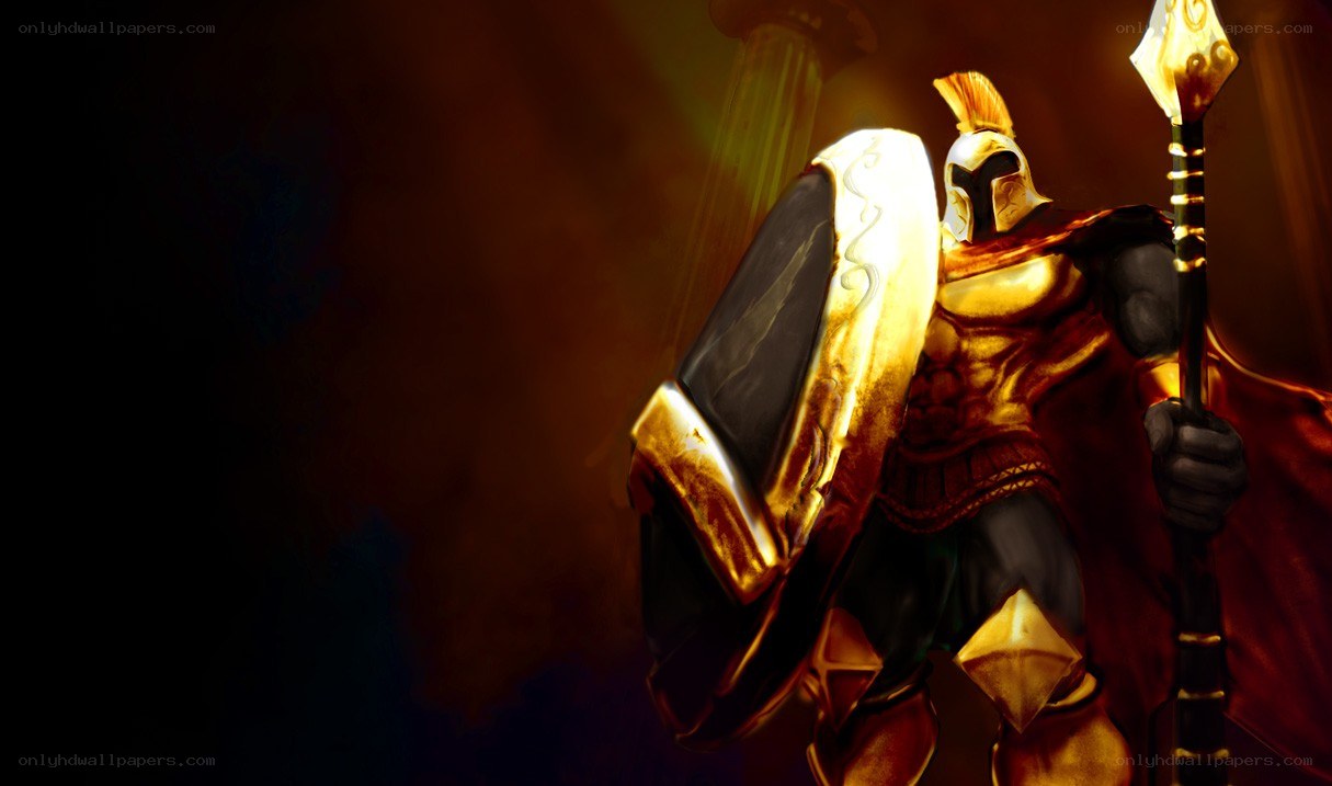 golden warrior with shield and spear