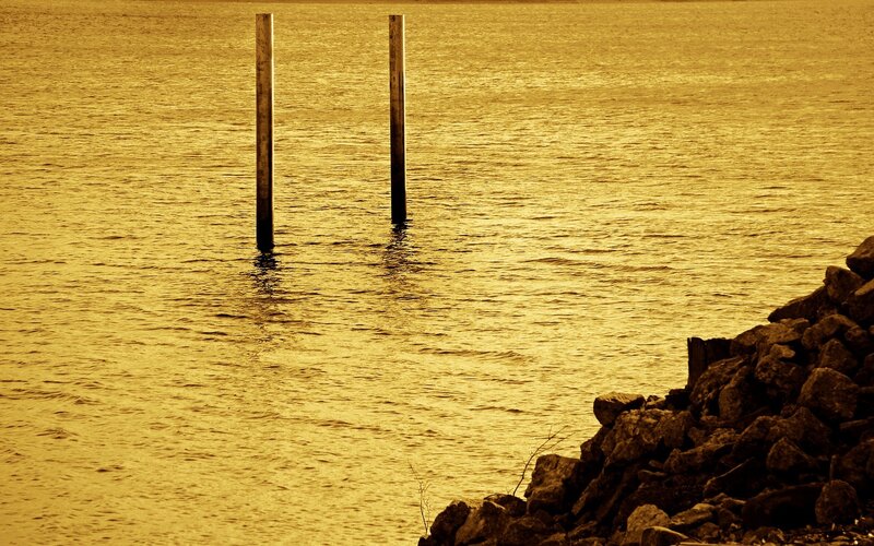 Golden water with posts