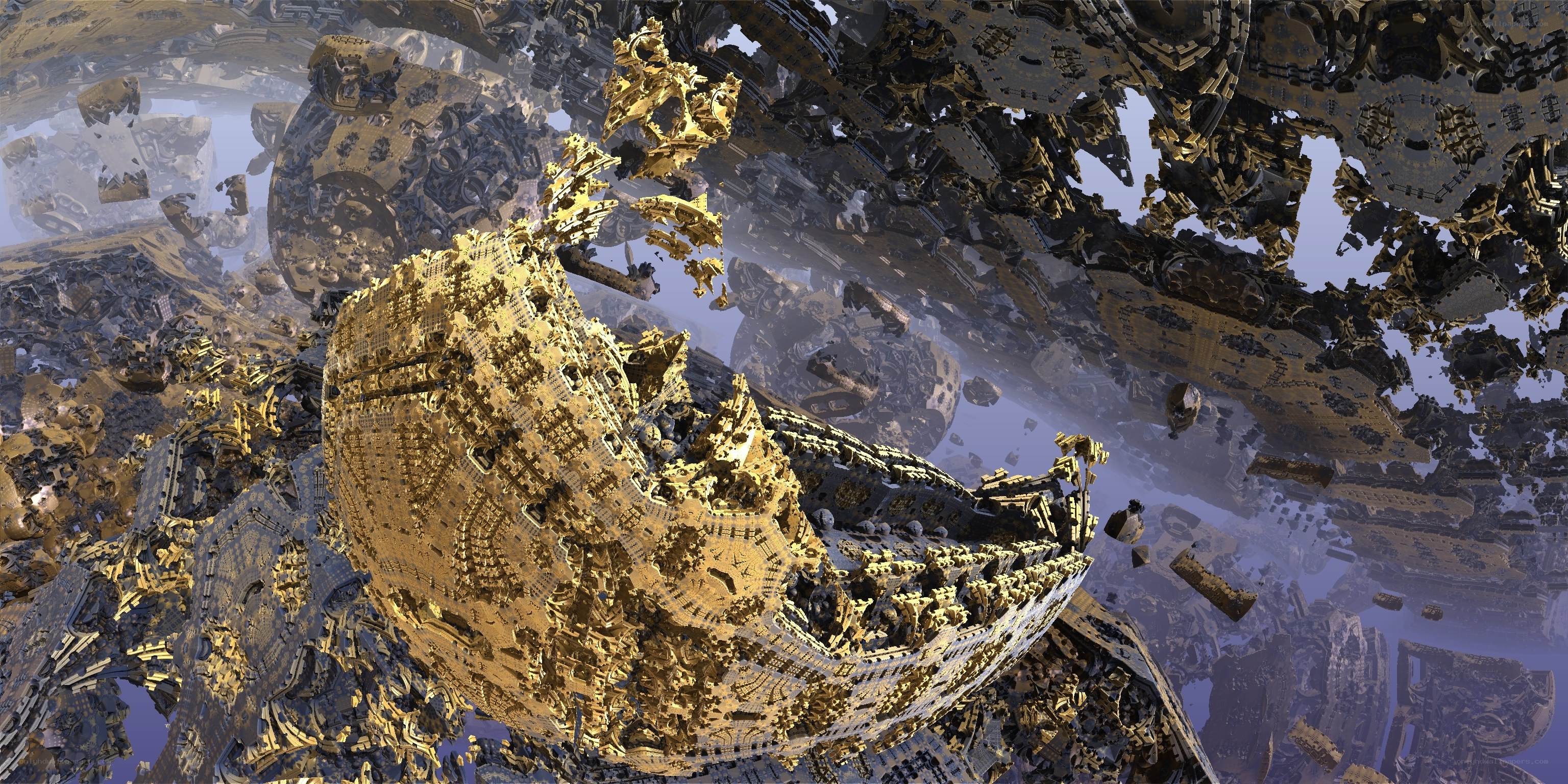 Golden wreckage in space