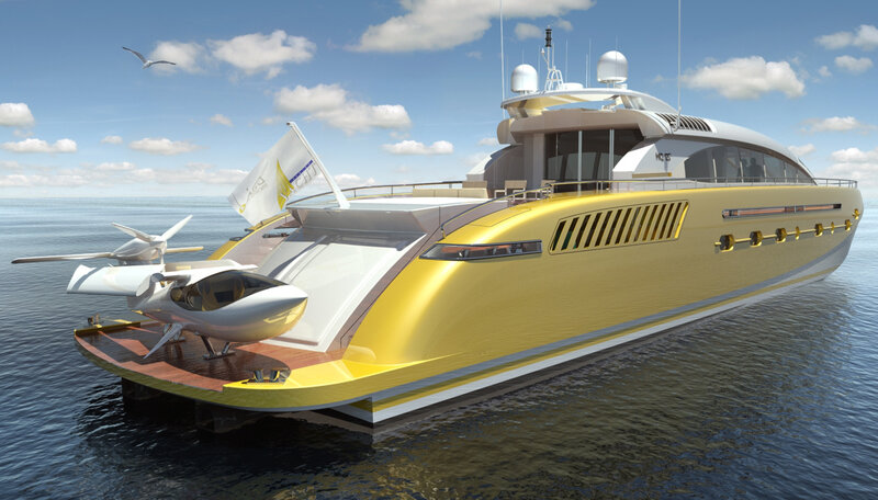 Golden yacht with seaplane