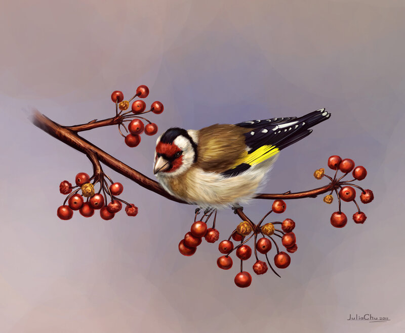 Goldfinch on Berry Branch — Brown