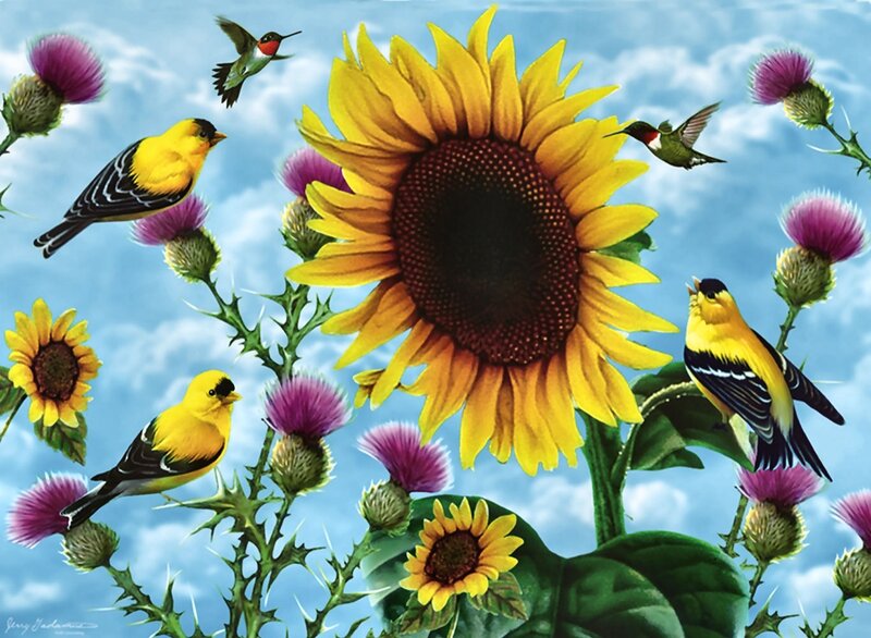 Goldfinches and Sunflowers
