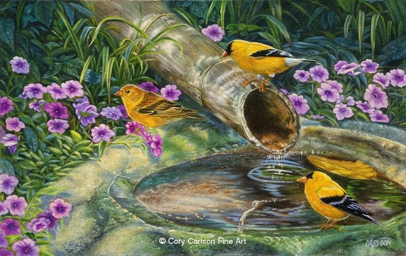 Goldfinches at Birdbath