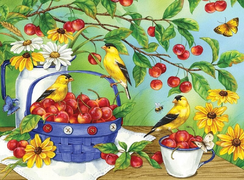 Goldfinches with Cherries — Blue, Cheerful