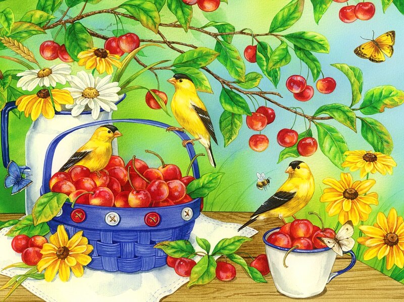 Goldfinches with Cherries — Blue