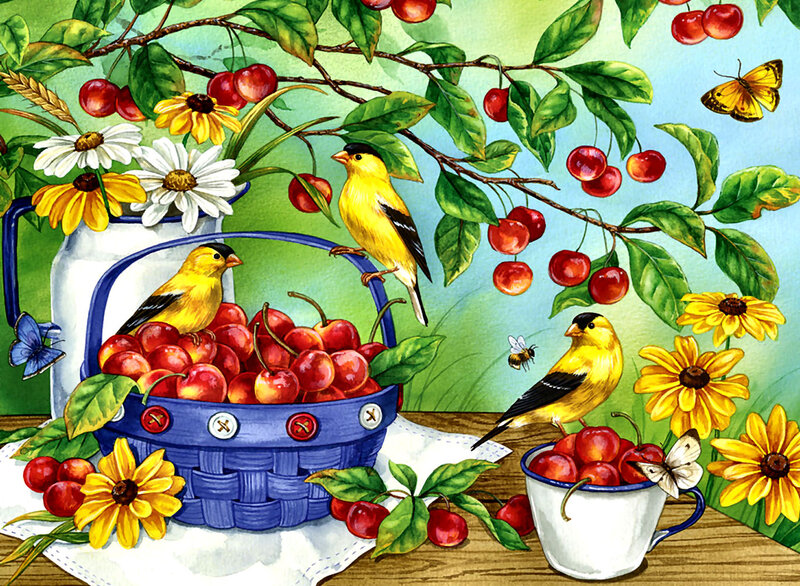 Goldfinches with Cherries
