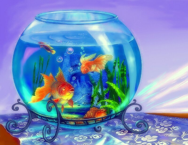 Goldfish in a Bowl — Blue, Serene, Digital Art