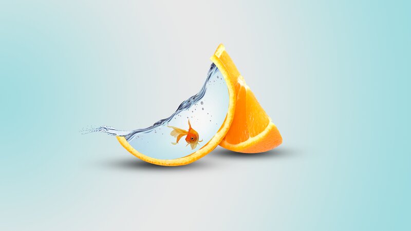 Goldfish in Orange Slice — Blue, Serene, Digital Art