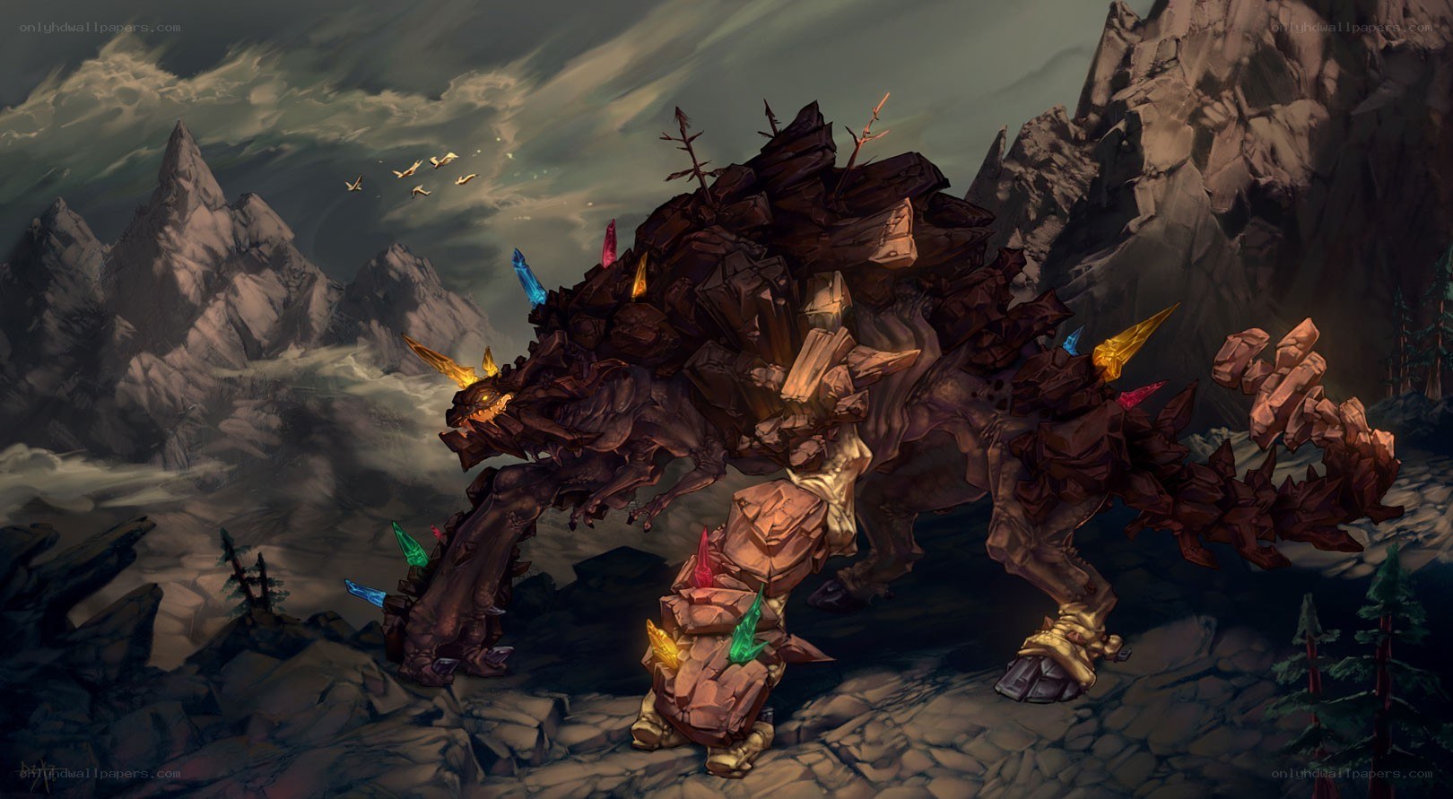 Golem creature in mountain landscape