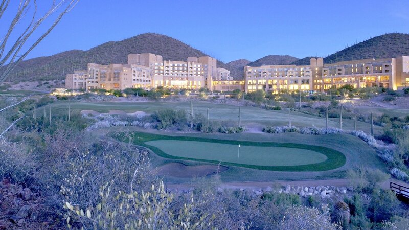 Golf course at resort at dusk