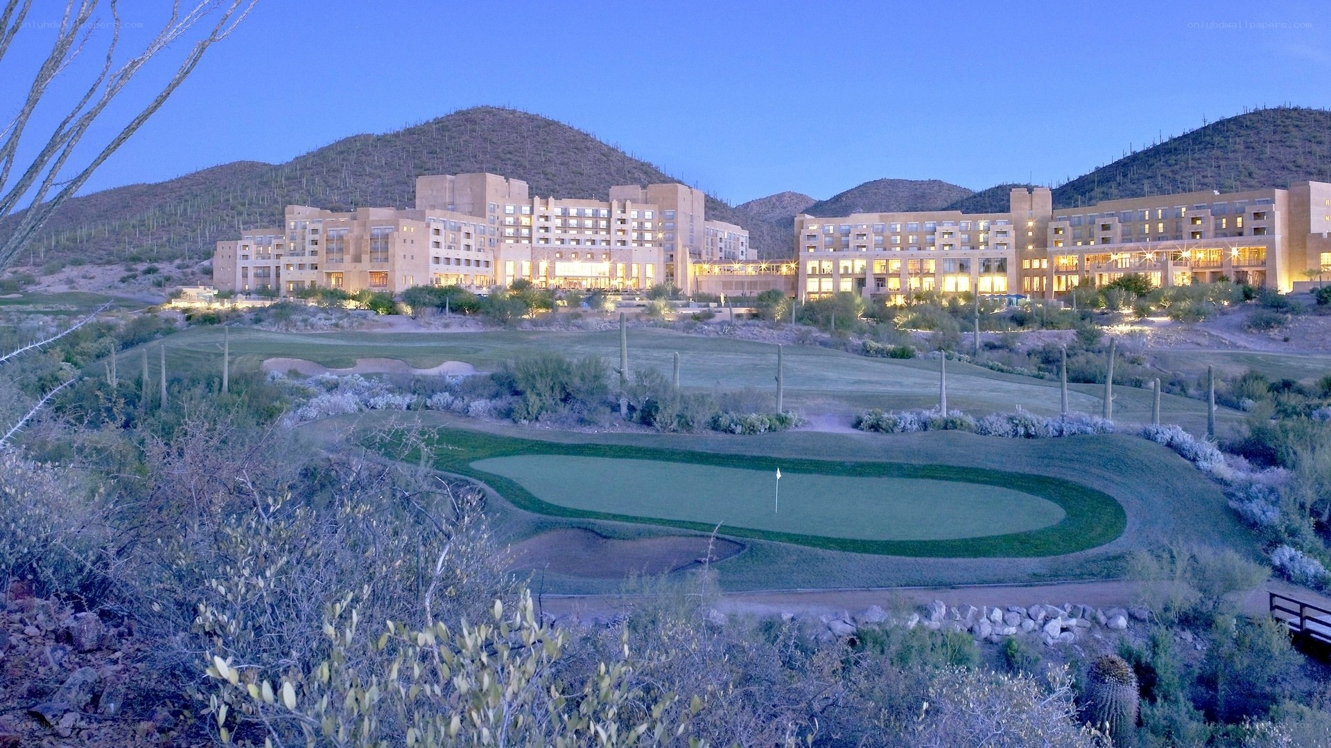 Golf course at resort at dusk