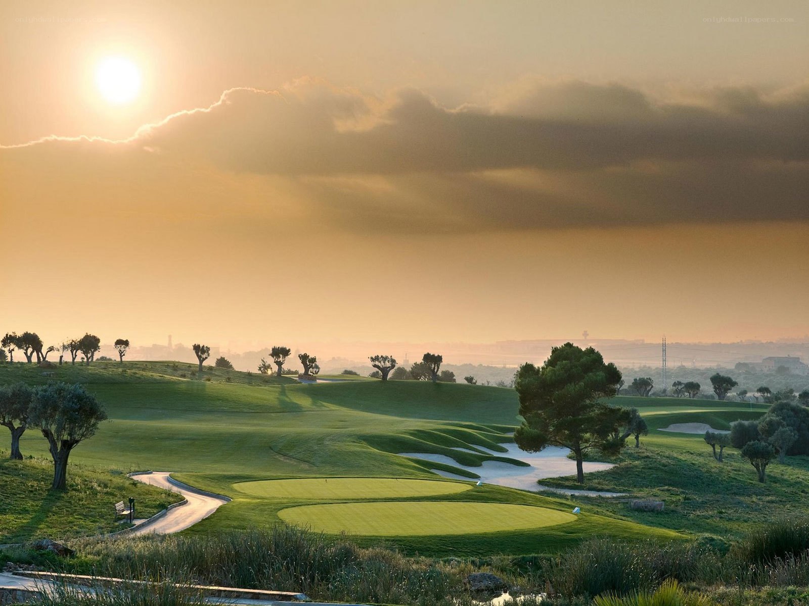 Golf course at sunset