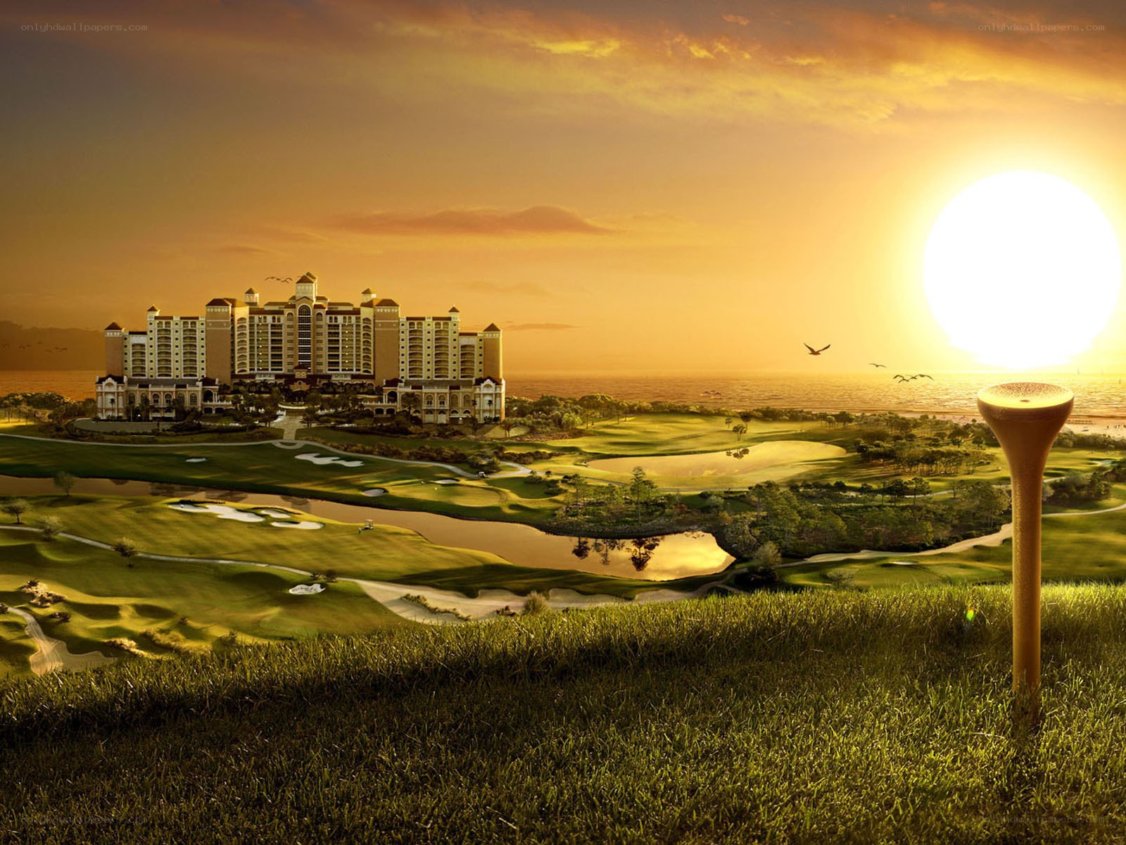 Golf course at sunset