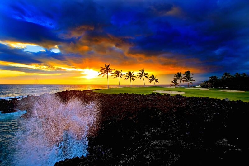 Golf Course at Sunset — Blue, Dramatic, Photograph, Palm Trees, Ocean