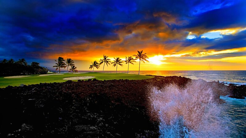 Golf Course at Sunset — Blue, Dramatic, Photograph, Palm Trees, Ocean Waves