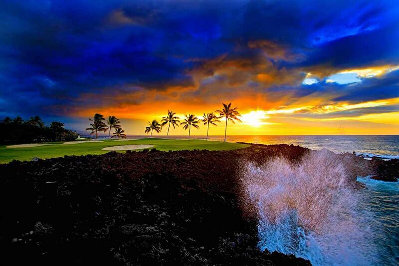 Golf Course at Sunset — Blue, Dramatic, Photograph, Palm Trees