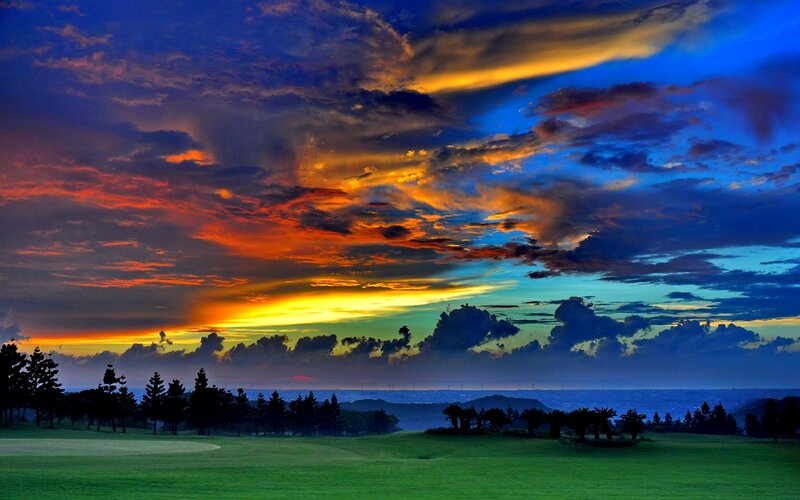 Golf Course at Sunset — Blue, Dramatic, Photograph, Sky