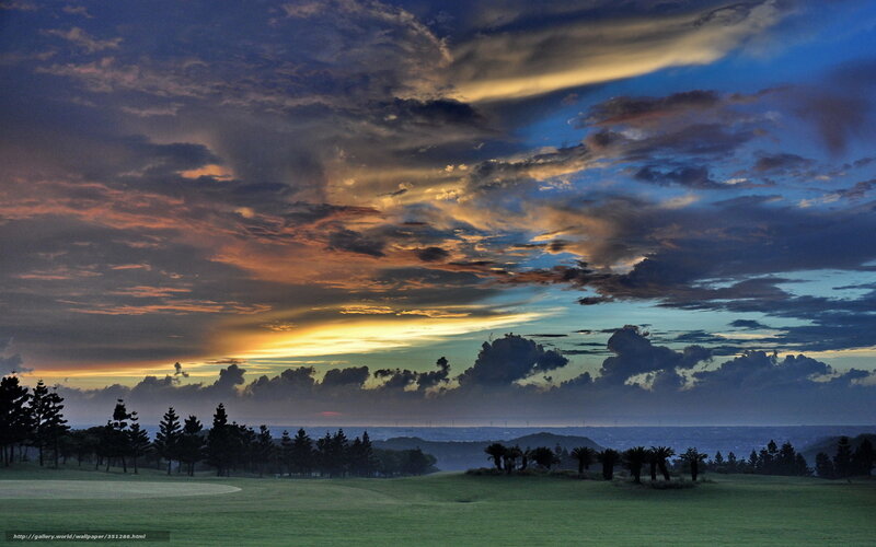 Golf Course at Sunset — Blue, Dramatic, Photograph, Trees, Clouds, Ocean