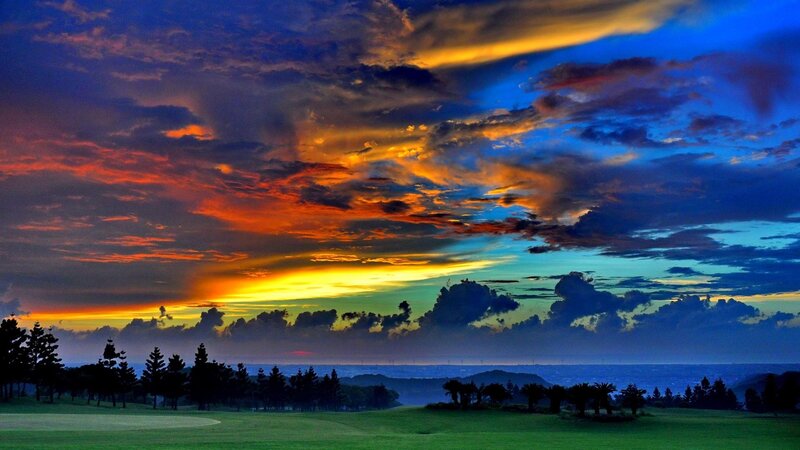 Golf Course at Sunset — Blue, Dramatic, Photograph, Trees, Clouds