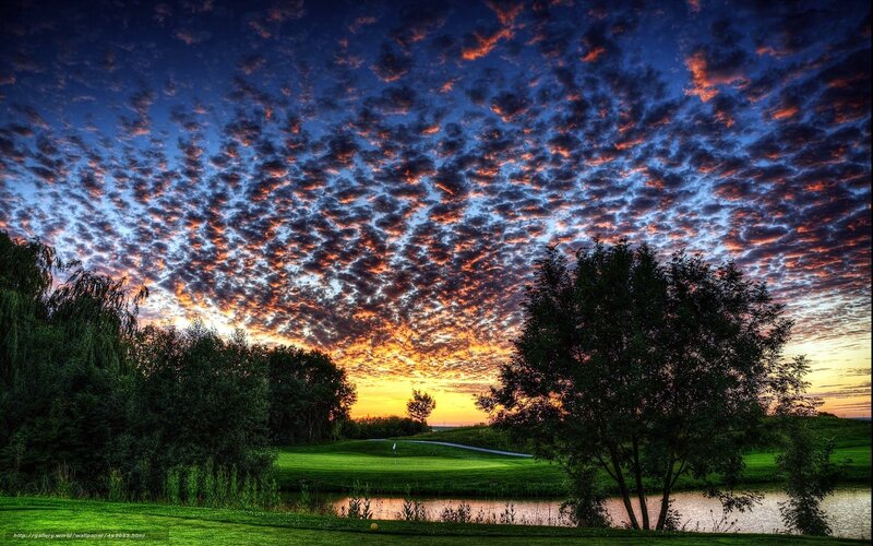 Golf Course at Sunset — Blue, Dramatic, Photograph, Trees, Pond