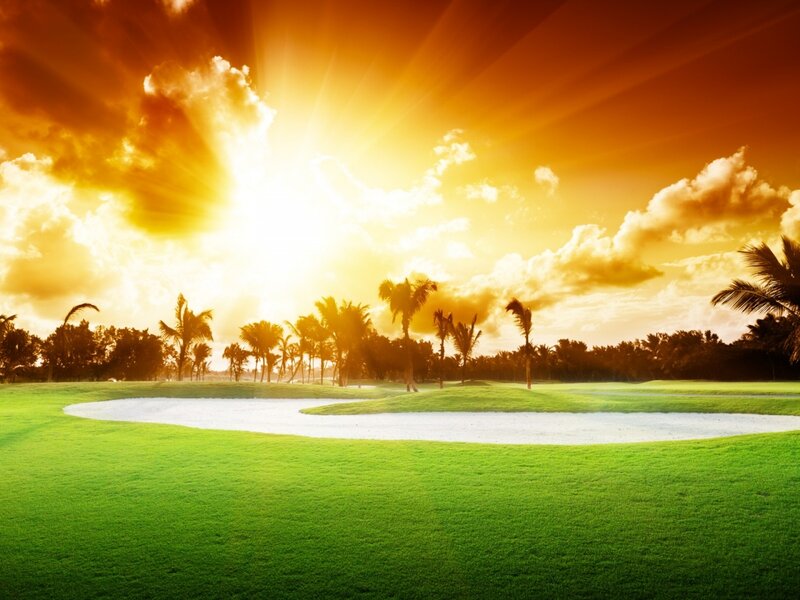 Golf Course at Sunset — Green, Dramatic, Photograph, Palm Trees