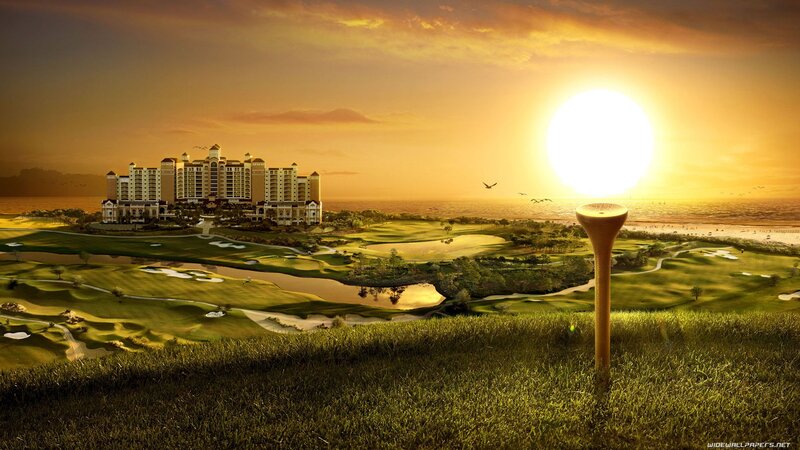 Golf Course at Sunset — Green, Serene, Digital Art, Hotel, Ocean, Birds, Golf Tee