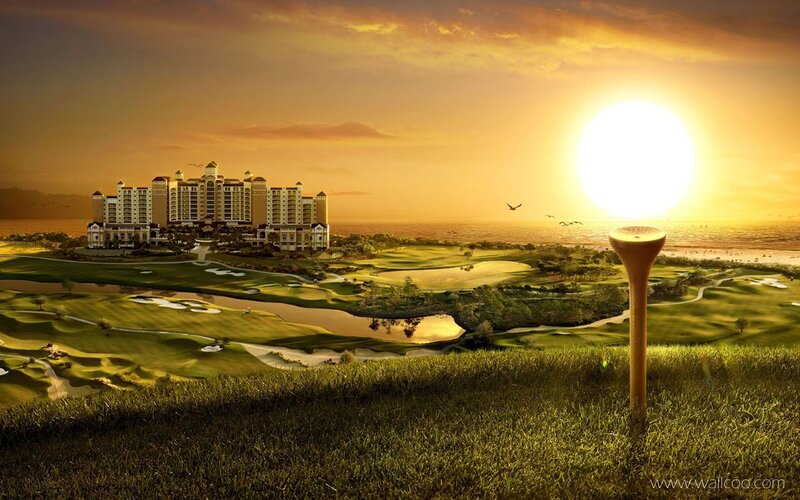 Golf Course at Sunset — Green, Serene, Digital Art, Hotel, Ocean, Birds, Tee