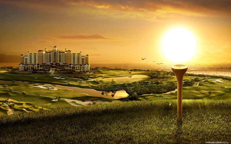 Golf Course at Sunset — Green, Serene, Digital Art, Hotel, Ocean