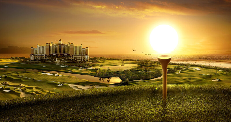 Golf Course at Sunset — Green, Serene, Digital Art, Hotel