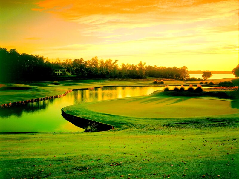 Golf Course at Sunset — Green, Serene, Photograph, Lake
