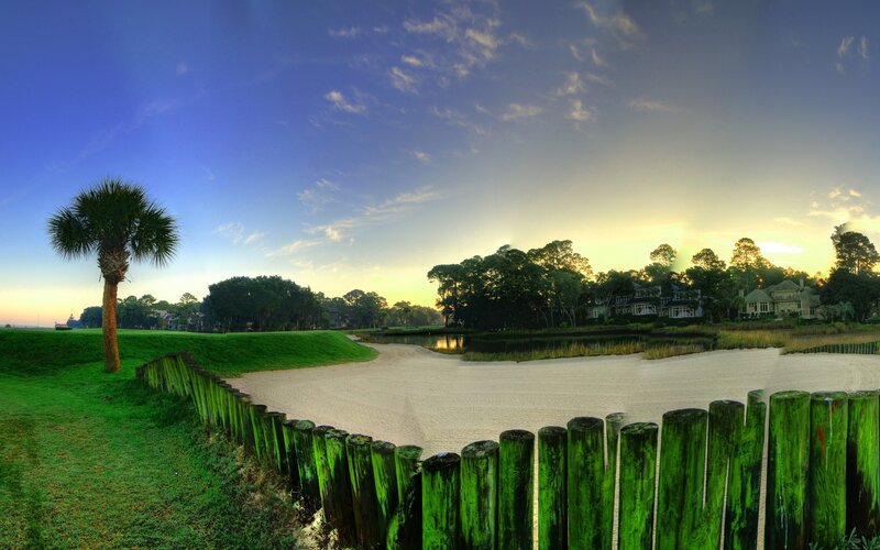 Golf Course at Sunset — Green, Serene, Photograph, Palm Tree
