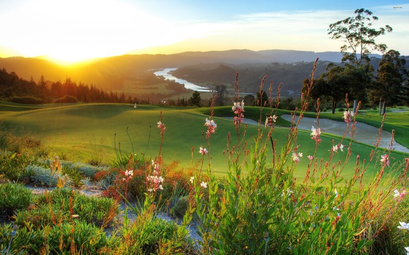 Golf Course at Sunset — Green, Serene, Photograph, River