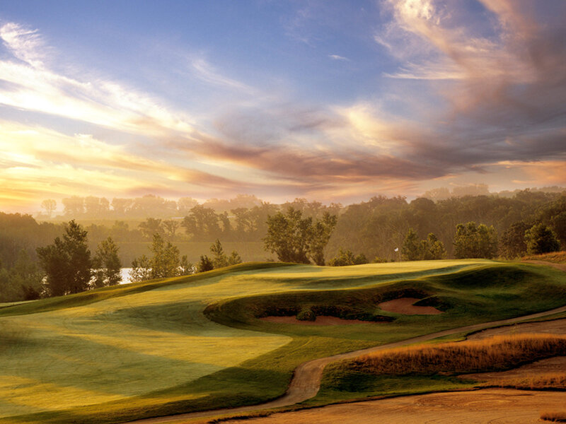 Golf Course at Sunset — Green, Serene, Photograph, Trees, Sand Trap