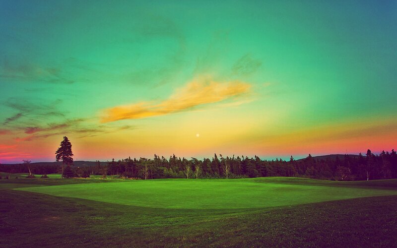 Golf Course at Sunset — Green, Serene, Photograph, Trees, Sky